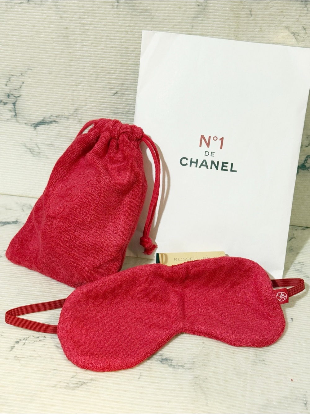 Chanel Beauty No. 1 Red Terry Eye Mask with Matching Camellia Drawstring Pouch